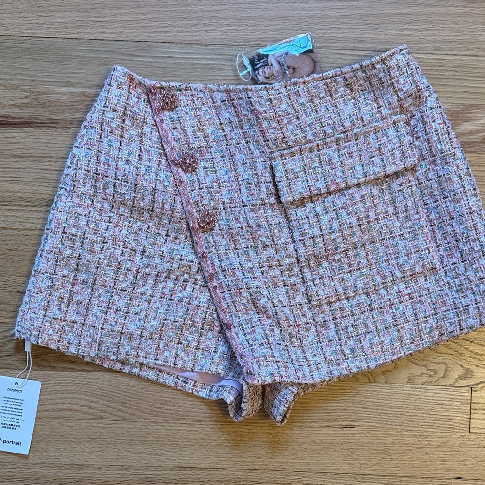 Self Portrait Pink Tweed Bouclé High-Rise Shorts Skirt Skort NWT